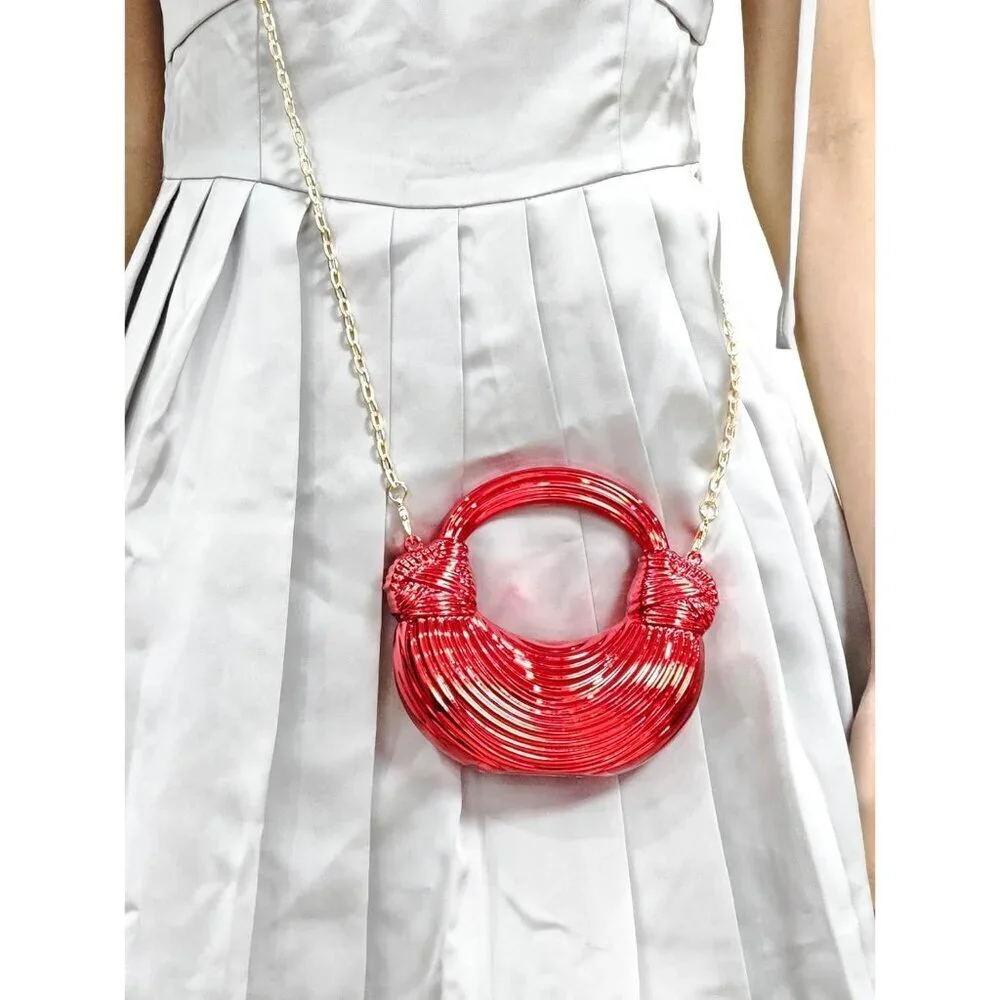 Women's Acrylic Crescent Clutch Bag Crossbody Purse with Chain Red Buckle